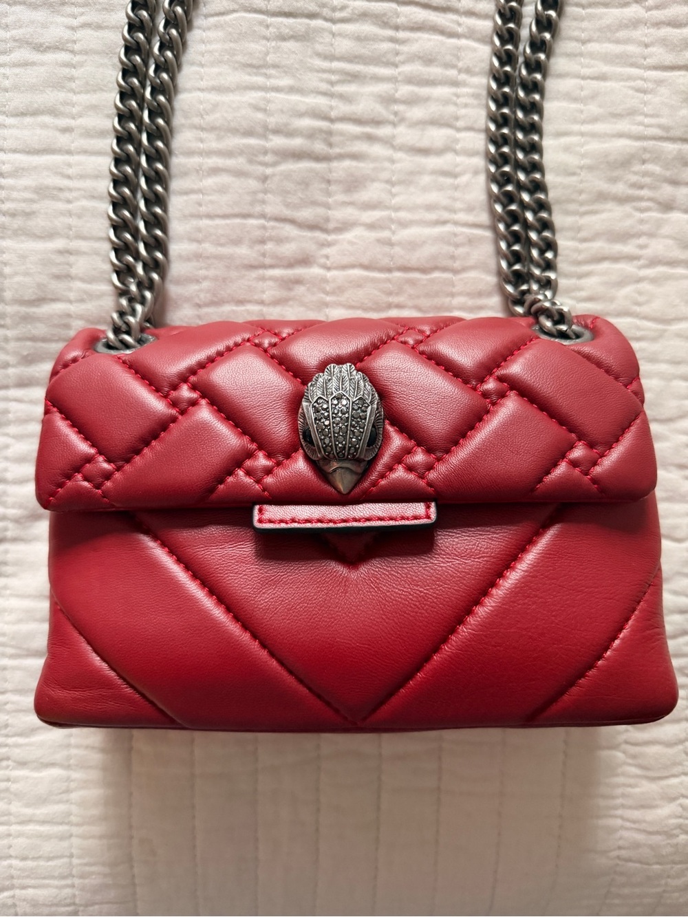 Red Quilted Leather Shoulder Bag with Silver Chain